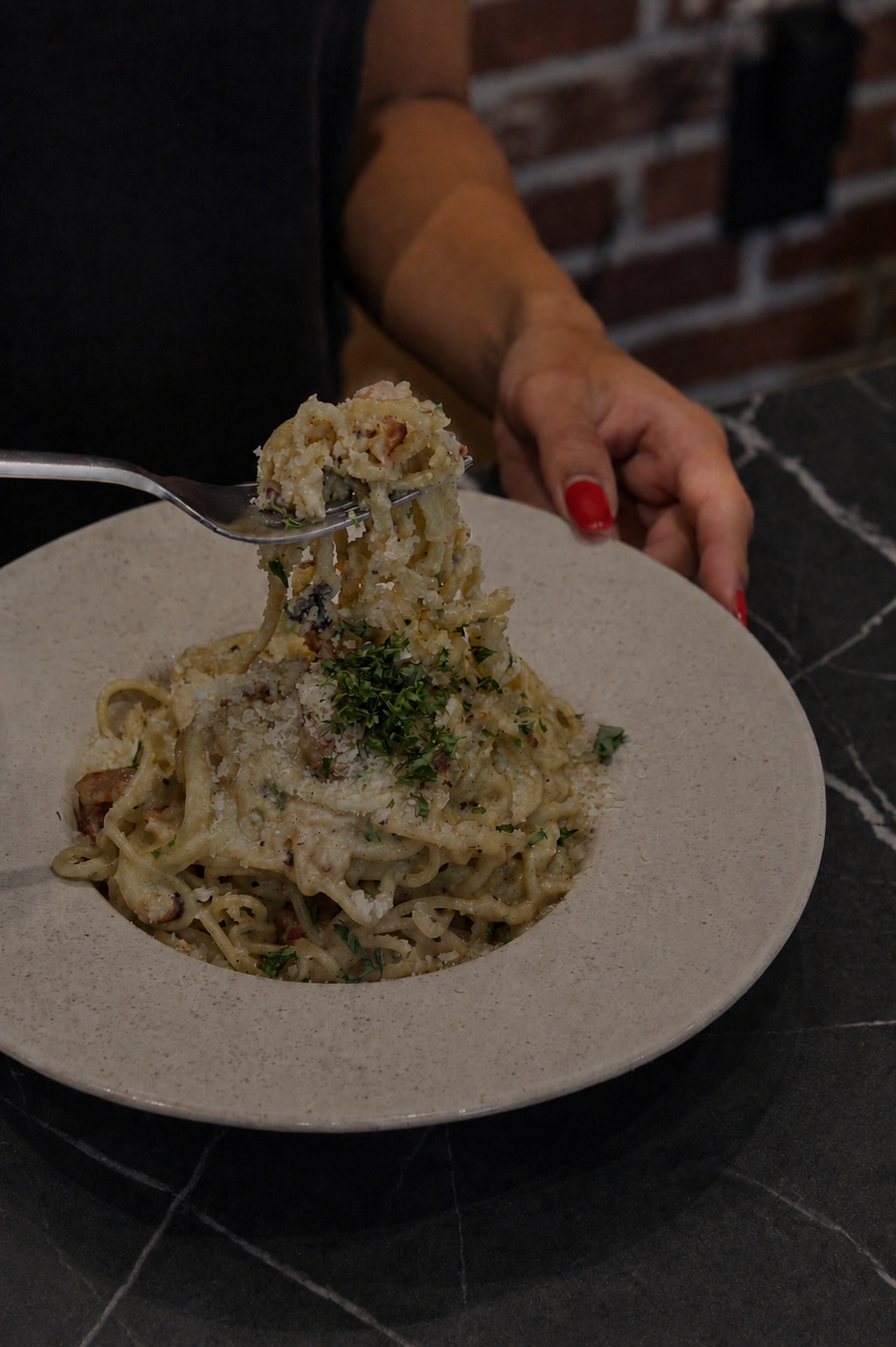 Creamy pasta dish served for lunch at Maison des Princes in Midtown Manhattan NYC
